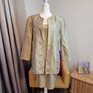 CHETTA B Vintage Women's 14 Shantung Silk Sheath Dress and Jacket Celadon Gold